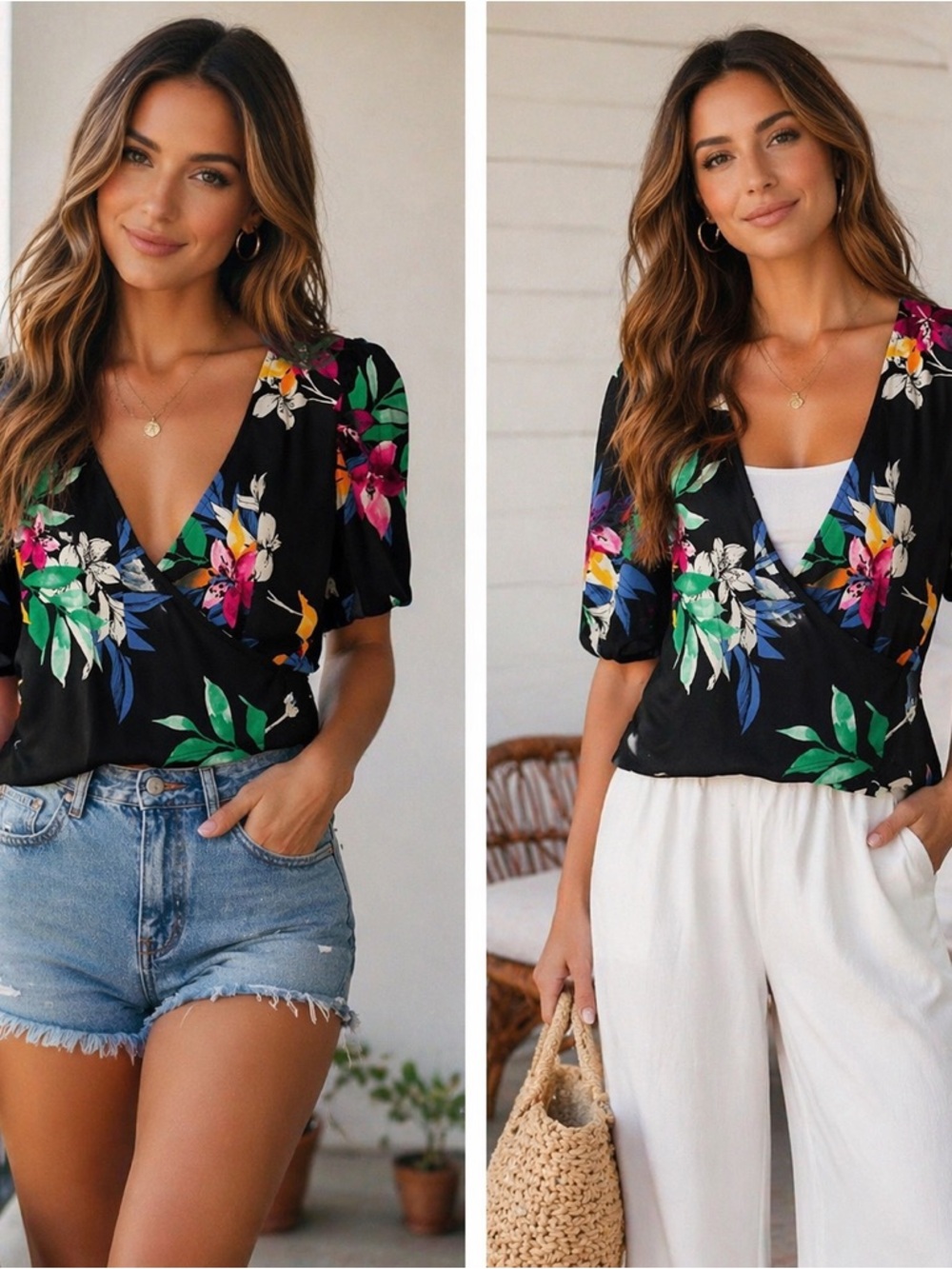 Navy Floral Wrap Blouse with Puff Sleeves